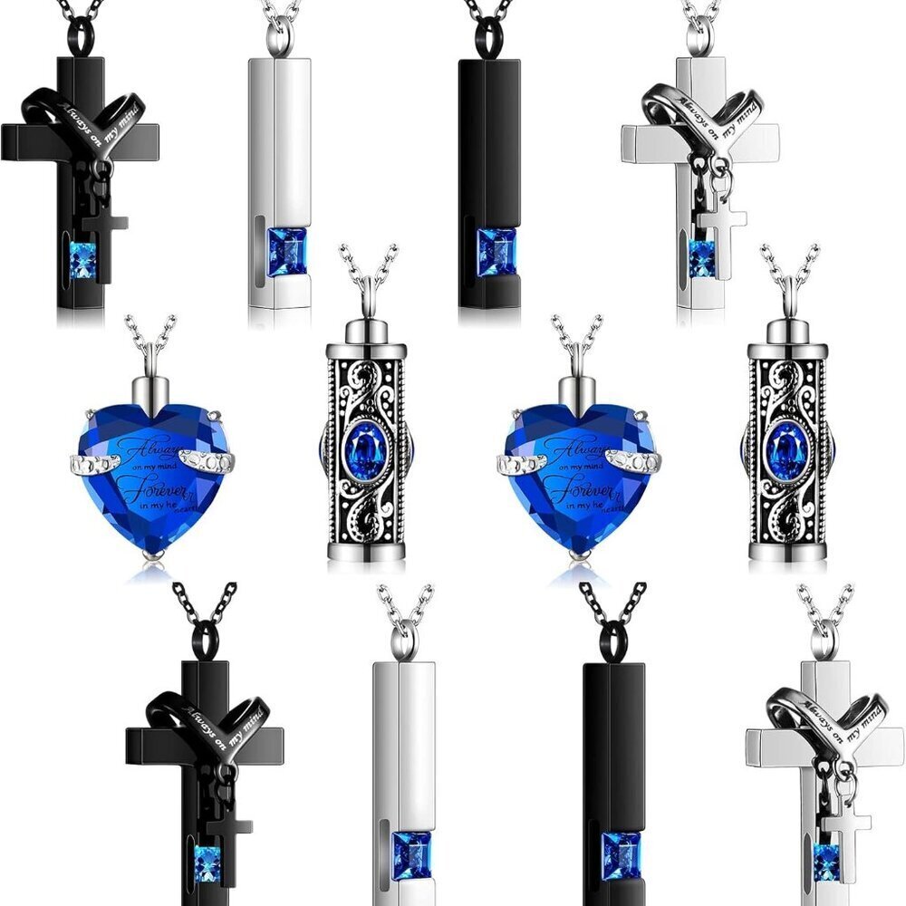 12 Pcs Cremation Necklace Set for Ashes Cross Heart Cubic Stainless Steel Memori